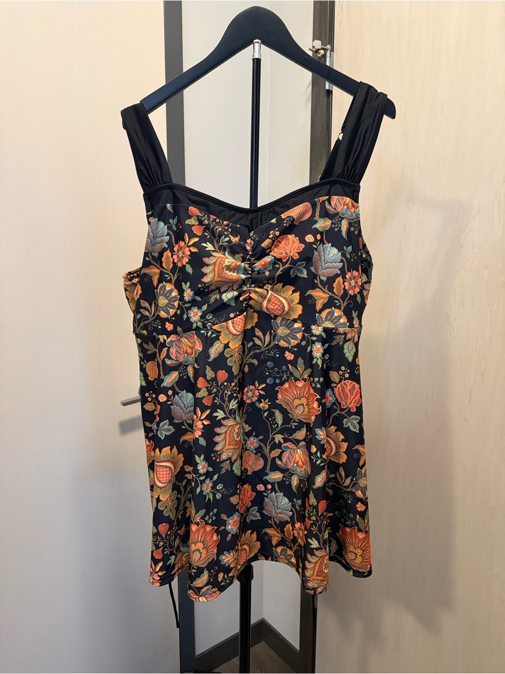Black Floral Swim Tankini Set - Top and Shorts with Orange Accents